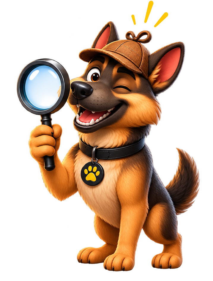 Mascote Fuçador com lupa e chapéu de detetive